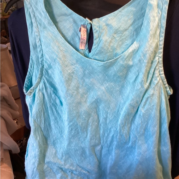 Colori Di Capri Blue 100% Italy Linen Keyhole Button Back Tank Top Plus Size XXL - Picture 3 of 8
